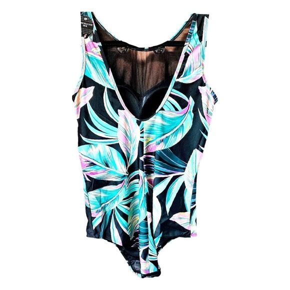 TORRID Plus Size Wireless Mesh High Neck Leaf design One Piece Swimsuit 1X - Picture 8 of 16